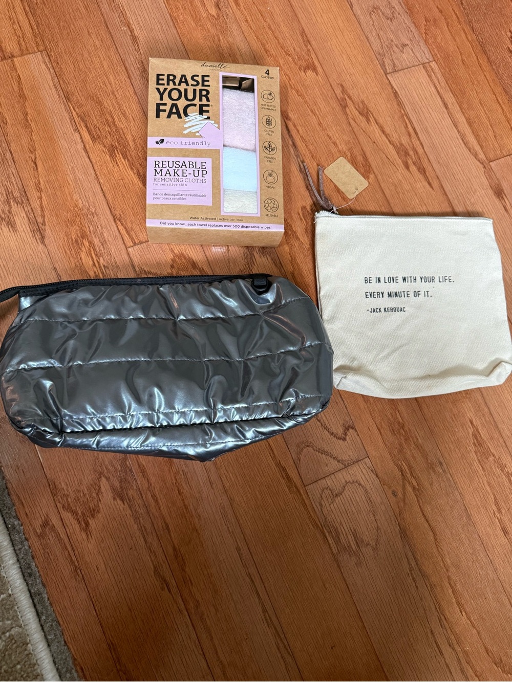 Metallic  Cosmetic Bag + Canvas Pouch and makeup remover cloths
